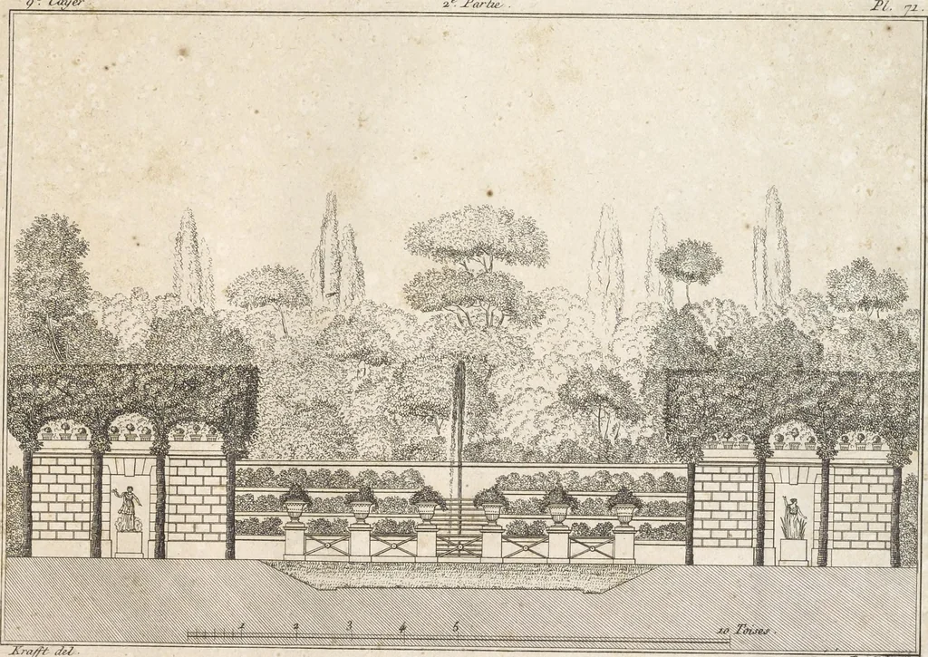 An illustration from Plans des plus beaux jardins pittoresques de France, d'Angleterre et d'Allemagne et des édifices, monumens, fabriques, etc. qui concurrent à leur embellissement, dans tous les genres d'architecture, tels que chinois, égyptien, anglais, arabe, moresque, etc. = Plans of the most beautiful picturesque gardens in France, England and Germany, and of the edifices, monuments, fabrics, etc., which contribute to their embellishment, of every kind of architecture, such as Chinese, Egyptian, English, Arabian, Moorish, etc. = Plaene der schoensten und malerischten Gaerten Frankreichs, Englands und Deutschlands ... : dédiés aux architectes et aux amateurs, 1809, leaf 186