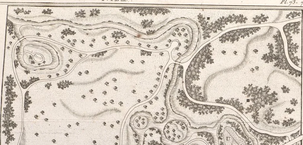 An illustration from Plans des plus beaux jardins pittoresques de France, d'Angleterre et d'Allemagne et des édifices, monumens, fabriques, etc. qui concurrent à leur embellissement, dans tous les genres d'architecture, tels que chinois, égyptien, anglais, arabe, moresque, etc. = Plans of the most beautiful picturesque gardens in France, England and Germany, and of the edifices, monuments, fabrics, etc., which contribute to their embellishment, of every kind of architecture, such as Chinese, Egyptian, English, Arabian, Moorish, etc. = Plaene der schoensten und malerischten Gaerten Frankreichs, Englands und Deutschlands ... : dédiés aux architectes et aux amateurs, 1809, leaf 190