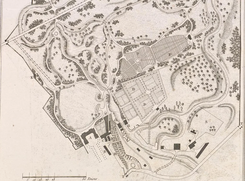 An illustration from Plans des plus beaux jardins pittoresques de France, d'Angleterre et d'Allemagne et des édifices, monumens, fabriques, etc. qui concurrent à leur embellissement, dans tous les genres d'architecture, tels que chinois, égyptien, anglais, arabe, moresque, etc. = Plans of the most beautiful picturesque gardens in France, England and Germany, and of the edifices, monuments, fabrics, etc., which contribute to their embellishment, of every kind of architecture, such as Chinese, Egyptian, English, Arabian, Moorish, etc. = Plaene der schoensten und malerischten Gaerten Frankreichs, Englands und Deutschlands ... : dédiés aux architectes et aux amateurs, 1809, leaf 190