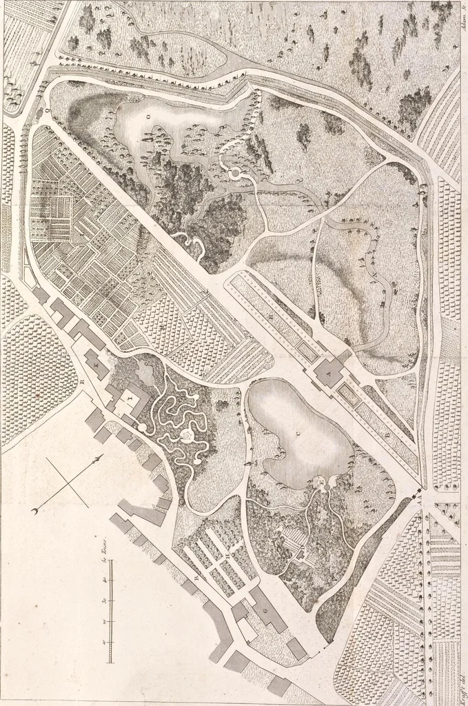 An illustration from Plans des plus beaux jardins pittoresques de France, d'Angleterre et d'Allemagne et des édifices, monumens, fabriques, etc. qui concurrent à leur embellissement, dans tous les genres d'architecture, tels que chinois, égyptien, anglais, arabe, moresque, etc. = Plans of the most beautiful picturesque gardens in France, England and Germany, and of the edifices, monuments, fabrics, etc., which contribute to their embellishment, of every kind of architecture, such as Chinese, Egyptian, English, Arabian, Moorish, etc. = Plaene der schoensten und malerischten Gaerten Frankreichs, Englands und Deutschlands ... : dédiés aux architectes et aux amateurs, 1809, leaf 194