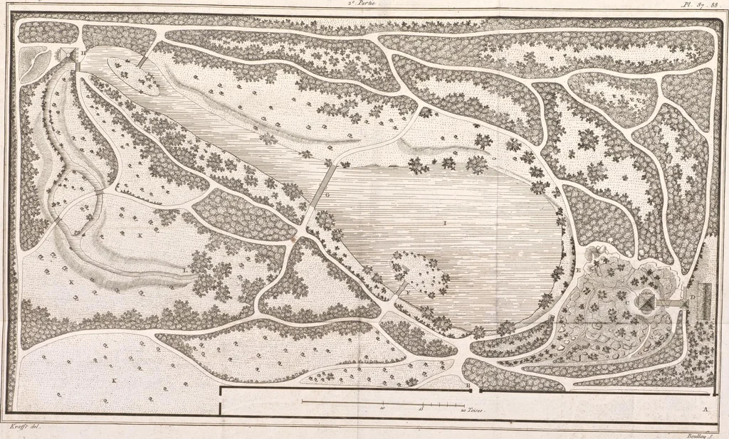An illustration from Plans des plus beaux jardins pittoresques de France, d'Angleterre et d'Allemagne et des édifices, monumens, fabriques, etc. qui concurrent à leur embellissement, dans tous les genres d'architecture, tels que chinois, égyptien, anglais, arabe, moresque, etc. = Plans of the most beautiful picturesque gardens in France, England and Germany, and of the edifices, monuments, fabrics, etc., which contribute to their embellishment, of every kind of architecture, such as Chinese, Egyptian, English, Arabian, Moorish, etc. = Plaene der schoensten und malerischten Gaerten Frankreichs, Englands und Deutschlands ... : dédiés aux architectes et aux amateurs, 1809, leaf 206