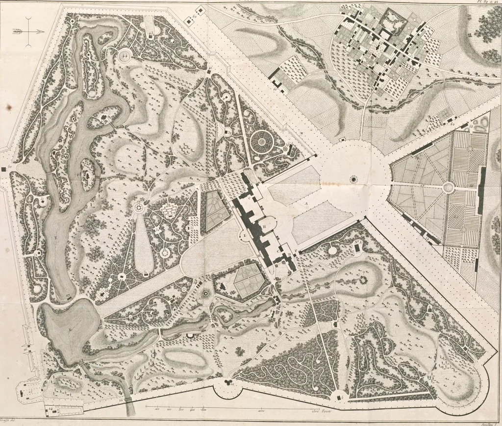 An illustration from Plans des plus beaux jardins pittoresques de France, d'Angleterre et d'Allemagne et des édifices, monumens, fabriques, etc. qui concurrent à leur embellissement, dans tous les genres d'architecture, tels que chinois, égyptien, anglais, arabe, moresque, etc. = Plans of the most beautiful picturesque gardens in France, England and Germany, and of the edifices, monuments, fabrics, etc., which contribute to their embellishment, of every kind of architecture, such as Chinese, Egyptian, English, Arabian, Moorish, etc. = Plaene der schoensten und malerischten Gaerten Frankreichs, Englands und Deutschlands ... : dédiés aux architectes et aux amateurs, 1809, leaf 208