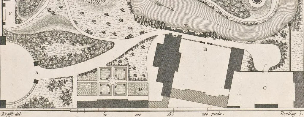 An illustration from Plans des plus beaux jardins pittoresques de France, d'Angleterre et d'Allemagne et des édifices, monumens, fabriques, etc. qui concurrent à leur embellissement, dans tous les genres d'architecture, tels que chinois, égyptien, anglais, arabe, moresque, etc. = Plans of the most beautiful picturesque gardens in France, England and Germany, and of the edifices, monuments, fabrics, etc., which contribute to their embellishment, of every kind of architecture, such as Chinese, Egyptian, English, Arabian, Moorish, etc. = Plaene der schoensten und malerischten Gaerten Frankreichs, Englands und Deutschlands ... : dédiés aux architectes et aux amateurs, 1809, leaf 210