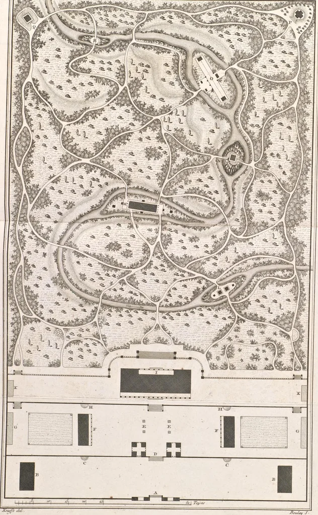 An illustration from Plans des plus beaux jardins pittoresques de France, d'Angleterre et d'Allemagne et des édifices, monumens, fabriques, etc. qui concurrent à leur embellissement, dans tous les genres d'architecture, tels que chinois, égyptien, anglais, arabe, moresque, etc. = Plans of the most beautiful picturesque gardens in France, England and Germany, and of the edifices, monuments, fabrics, etc., which contribute to their embellishment, of every kind of architecture, such as Chinese, Egyptian, English, Arabian, Moorish, etc. = Plaene der schoensten und malerischten Gaerten Frankreichs, Englands und Deutschlands ... : dédiés aux architectes et aux amateurs, 1809, leaf 212