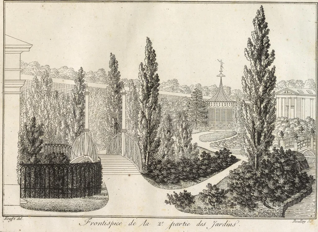 An illustration from Plans des plus beaux jardins pittoresques de France, d'Angleterre et d'Allemagne et des édifices, monumens, fabriques, etc. qui concurrent à leur embellissement, dans tous les genres d'architecture, tels que chinois, égyptien, anglais, arabe, moresque, etc. = Plans of the most beautiful picturesque gardens in France, England and Germany, and of the edifices, monuments, fabrics, etc., which contribute to their embellishment, of every kind of architecture, such as Chinese, Egyptian, English, Arabian, Moorish, etc. = Plaene der schoensten und malerischten Gaerten Frankreichs, Englands und Deutschlands ... : dédiés aux architectes et aux amateurs, 1809, leaf 74