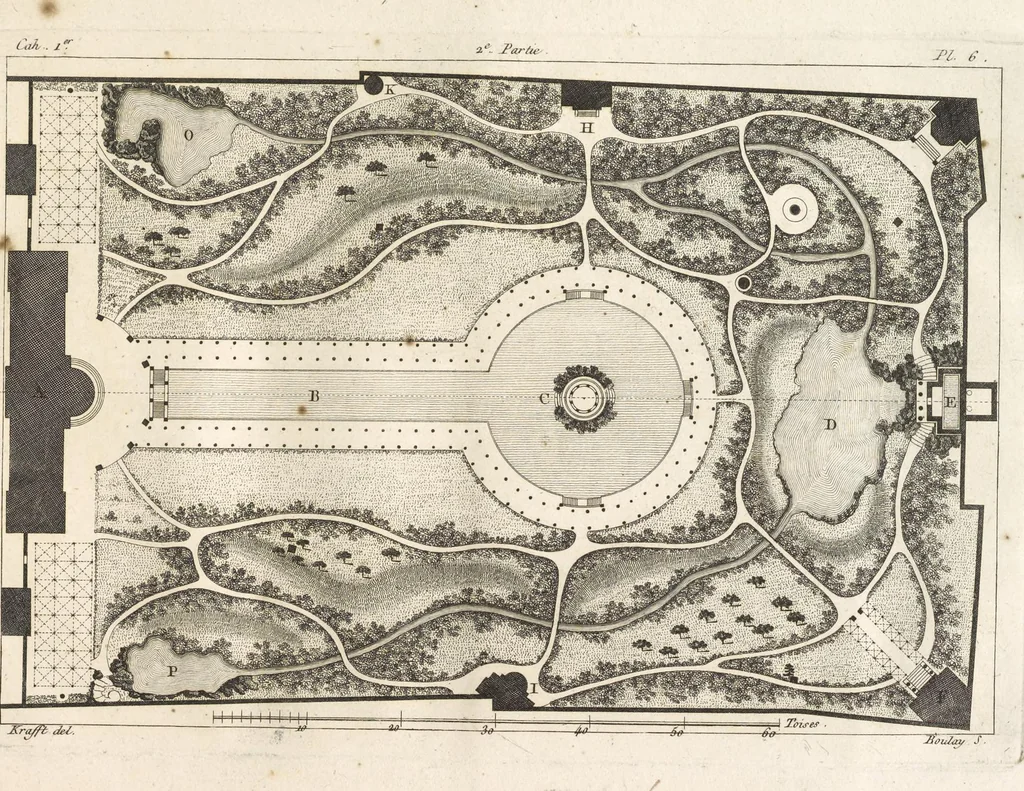An illustration from Plans des plus beaux jardins pittoresques de France, d'Angleterre et d'Allemagne et des édifices, monumens, fabriques, etc. qui concurrent à leur embellissement, dans tous les genres d'architecture, tels que chinois, égyptien, anglais, arabe, moresque, etc. = Plans of the most beautiful picturesque gardens in France, England and Germany, and of the edifices, monuments, fabrics, etc., which contribute to their embellishment, of every kind of architecture, such as Chinese, Egyptian, English, Arabian, Moorish, etc. = Plaene der schoensten und malerischten Gaerten Frankreichs, Englands und Deutschlands ... : dédiés aux architectes et aux amateurs, 1809, leaf 84