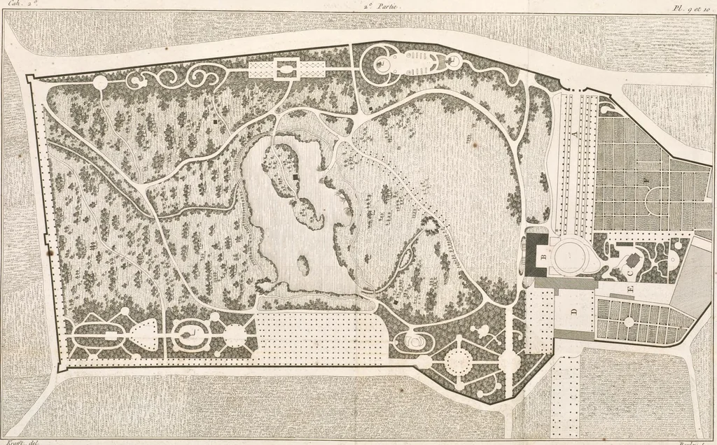 An illustration from Plans des plus beaux jardins pittoresques de France, d'Angleterre et d'Allemagne et des édifices, monumens, fabriques, etc. qui concurrent à leur embellissement, dans tous les genres d'architecture, tels que chinois, égyptien, anglais, arabe, moresque, etc. = Plans of the most beautiful picturesque gardens in France, England and Germany, and of the edifices, monuments, fabrics, etc., which contribute to their embellishment, of every kind of architecture, such as Chinese, Egyptian, English, Arabian, Moorish, etc. = Plaene der schoensten und malerischten Gaerten Frankreichs, Englands und Deutschlands ... : dédiés aux architectes et aux amateurs, 1809, leaf 90