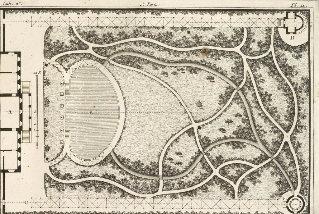 An illustration from Plans des plus beaux jardins pittoresques de France, d'Angleterre et d'Allemagne et des édifices, monumens, fabriques, etc. qui concurrent à leur embellissement, dans tous les genres d'architecture, tels que chinois, égyptien, anglais, arabe, moresque, etc. = Plans of the most beautiful picturesque gardens in France, England and Germany, and of the edifices, monuments, fabrics, etc., which contribute to their embellishment, of every kind of architecture, such as Chinese, Egyptian, English, Arabian, Moorish, etc. = Plaene der schoensten und malerischten Gaerten Frankreichs, Englands und Deutschlands ... : dédiés aux architectes et aux amateurs, 1809, leaf 92