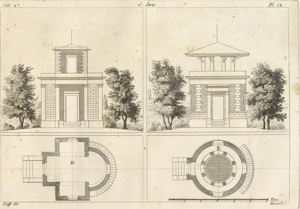 An illustration from Plans des plus beaux jardins pittoresques de France, d'Angleterre et d'Allemagne et des édifices, monumens, fabriques, etc. qui concurrent à leur embellissement, dans tous les genres d'architecture, tels que chinois, égyptien, anglais, arabe, moresque, etc. = Plans of the most beautiful picturesque gardens in France, England and Germany, and of the edifices, monuments, fabrics, etc., which contribute to their embellishment, of every kind of architecture, such as Chinese, Egyptian, English, Arabian, Moorish, etc. = Plaene der schoensten und malerischten Gaerten Frankreichs, Englands und Deutschlands ... : dédiés aux architectes et aux amateurs, 1809, leaf 94