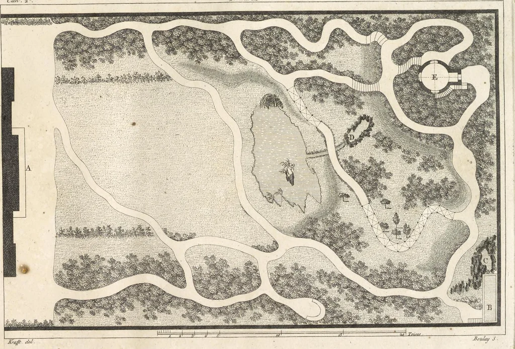 An illustration from Plans des plus beaux jardins pittoresques de France, d'Angleterre et d'Allemagne et des édifices, monumens, fabriques, etc. qui concurrent à leur embellissement, dans tous les genres d'architecture, tels que chinois, égyptien, anglais, arabe, moresque, etc. = Plans of the most beautiful picturesque gardens in France, England and Germany, and of the edifices, monuments, fabrics, etc., which contribute to their embellishment, of every kind of architecture, such as Chinese, Egyptian, English, Arabian, Moorish, etc. = Plaene der schoensten und malerischten Gaerten Frankreichs, Englands und Deutschlands ... : dédiés aux architectes et aux amateurs, 1809, leaf 96