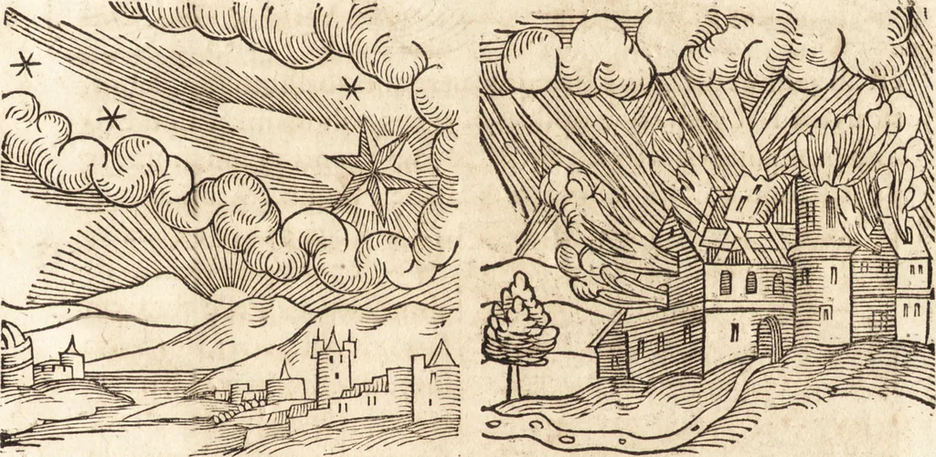 An illustration from Prodigiorvm ac ostentorvm chronicon : quae praeter naturae ordinem, motum, et operationem, et in svperioribus & his inferioribus mundi regionibus, ab exordio mundi usque ad haec nostra tempora, acciderunt ..., 1557, leaf 100
