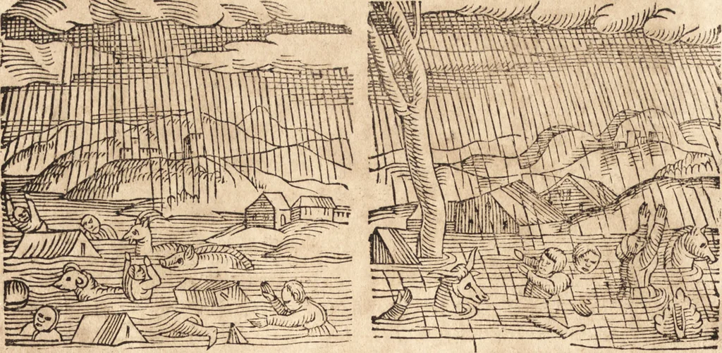 An illustration from Prodigiorvm ac ostentorvm chronicon : quae praeter naturae ordinem, motum, et operationem, et in svperioribus & his inferioribus mundi regionibus, ab exordio mundi usque ad haec nostra tempora, acciderunt ..., 1557, leaf 105