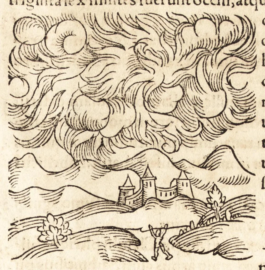 An illustration from Prodigiorvm ac ostentorvm chronicon : quae praeter naturae ordinem, motum, et operationem, et in svperioribus & his inferioribus mundi regionibus, ab exordio mundi usque ad haec nostra tempora, acciderunt ..., 1557, leaf 110
