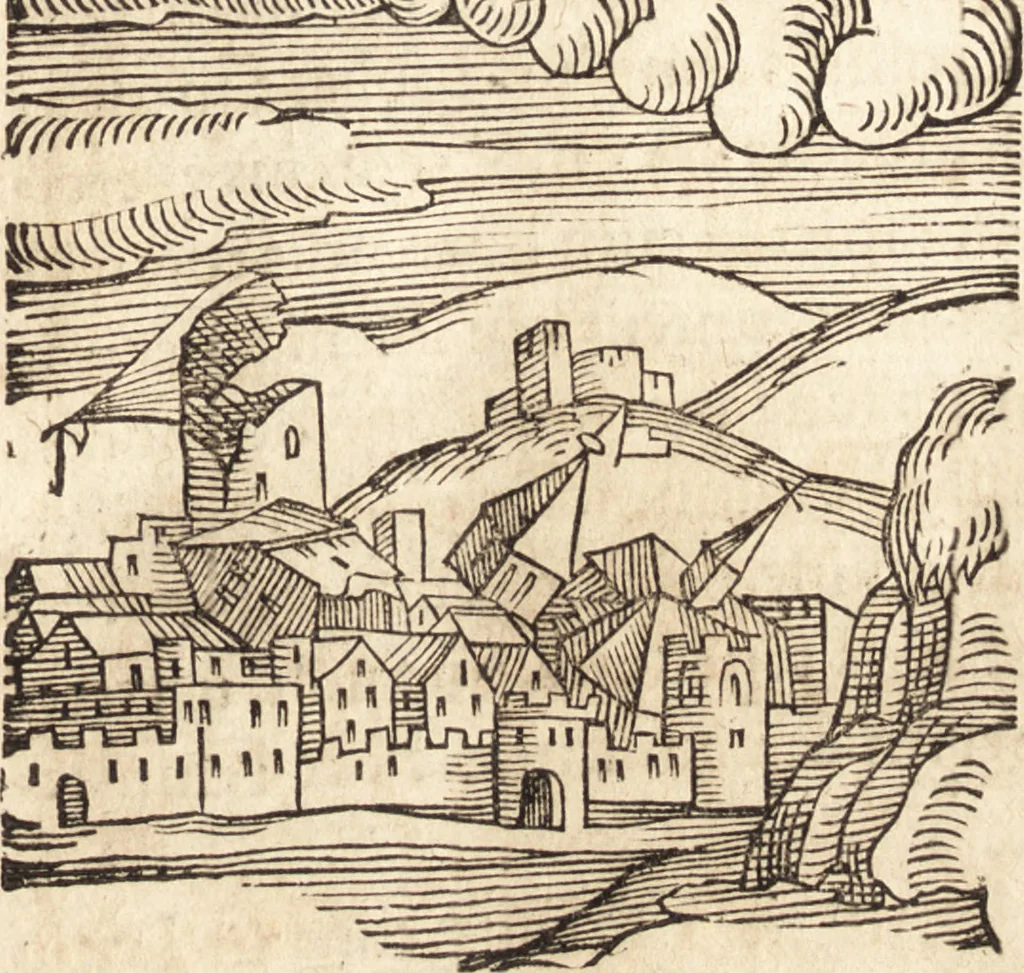 An illustration from Prodigiorvm ac ostentorvm chronicon : quae praeter naturae ordinem, motum, et operationem, et in svperioribus & his inferioribus mundi regionibus, ab exordio mundi usque ad haec nostra tempora, acciderunt ..., 1557, leaf 112