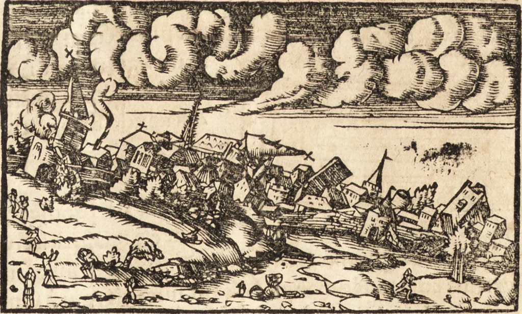 An illustration from Prodigiorvm ac ostentorvm chronicon : quae praeter naturae ordinem, motum, et operationem, et in svperioribus & his inferioribus mundi regionibus, ab exordio mundi usque ad haec nostra tempora, acciderunt ..., 1557, leaf 112