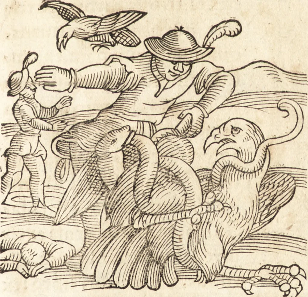 An illustration from Prodigiorvm ac ostentorvm chronicon : quae praeter naturae ordinem, motum, et operationem, et in svperioribus & his inferioribus mundi regionibus, ab exordio mundi usque ad haec nostra tempora, acciderunt ..., 1557, leaf 114