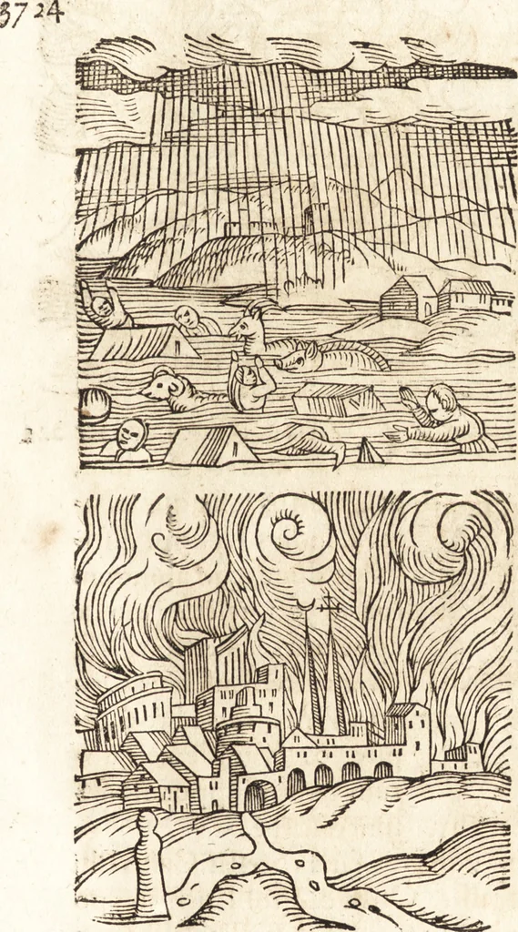 An illustration from Prodigiorvm ac ostentorvm chronicon : quae praeter naturae ordinem, motum, et operationem, et in svperioribus & his inferioribus mundi regionibus, ab exordio mundi usque ad haec nostra tempora, acciderunt ..., 1557, leaf 118
