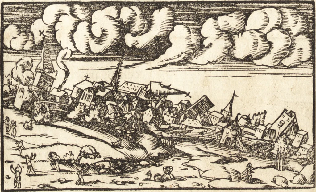 An illustration from Prodigiorvm ac ostentorvm chronicon : quae praeter naturae ordinem, motum, et operationem, et in svperioribus & his inferioribus mundi regionibus, ab exordio mundi usque ad haec nostra tempora, acciderunt ..., 1557, leaf 121