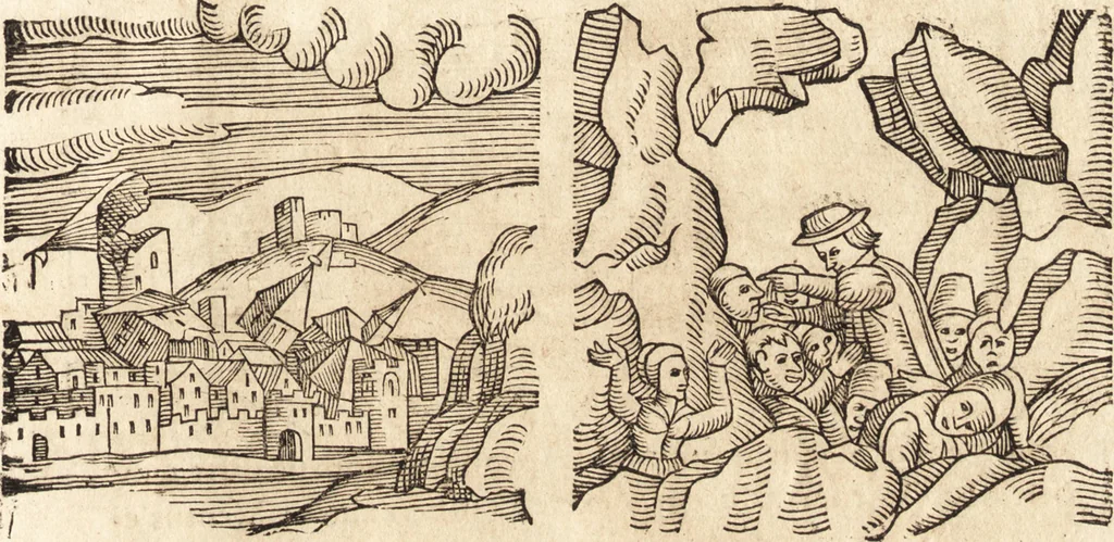 An illustration from Prodigiorvm ac ostentorvm chronicon : quae praeter naturae ordinem, motum, et operationem, et in svperioribus & his inferioribus mundi regionibus, ab exordio mundi usque ad haec nostra tempora, acciderunt ..., 1557, leaf 122