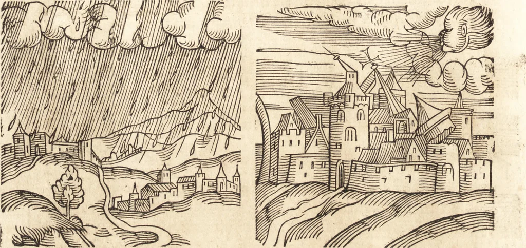 An illustration from Prodigiorvm ac ostentorvm chronicon : quae praeter naturae ordinem, motum, et operationem, et in svperioribus & his inferioribus mundi regionibus, ab exordio mundi usque ad haec nostra tempora, acciderunt ..., 1557, leaf 123