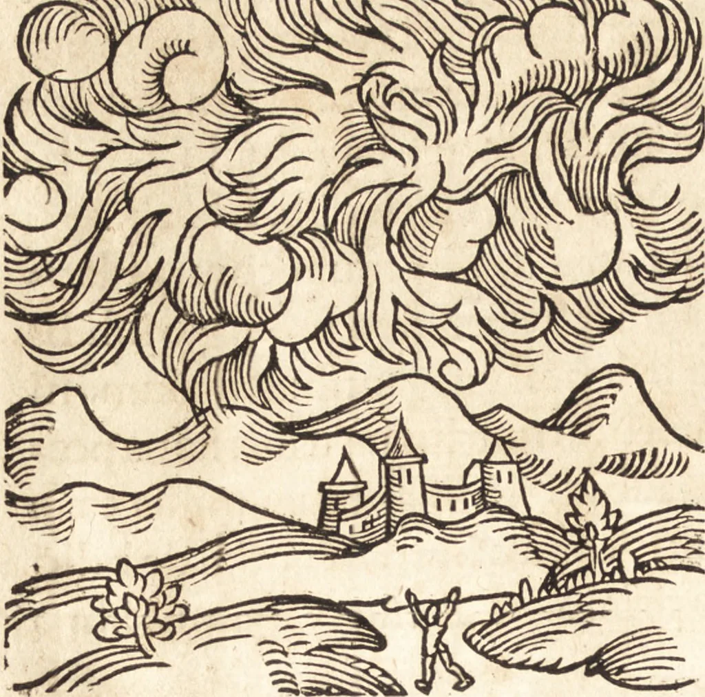 An illustration from Prodigiorvm ac ostentorvm chronicon : quae praeter naturae ordinem, motum, et operationem, et in svperioribus & his inferioribus mundi regionibus, ab exordio mundi usque ad haec nostra tempora, acciderunt ..., 1557, leaf 123