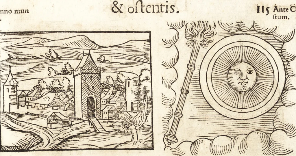 An illustration from Prodigiorvm ac ostentorvm chronicon : quae praeter naturae ordinem, motum, et operationem, et in svperioribus & his inferioribus mundi regionibus, ab exordio mundi usque ad haec nostra tempora, acciderunt ..., 1557, leaf 126