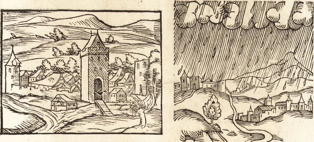 An illustration from Prodigiorvm ac ostentorvm chronicon : quae praeter naturae ordinem, motum, et operationem, et in svperioribus & his inferioribus mundi regionibus, ab exordio mundi usque ad haec nostra tempora, acciderunt ..., 1557, leaf 128