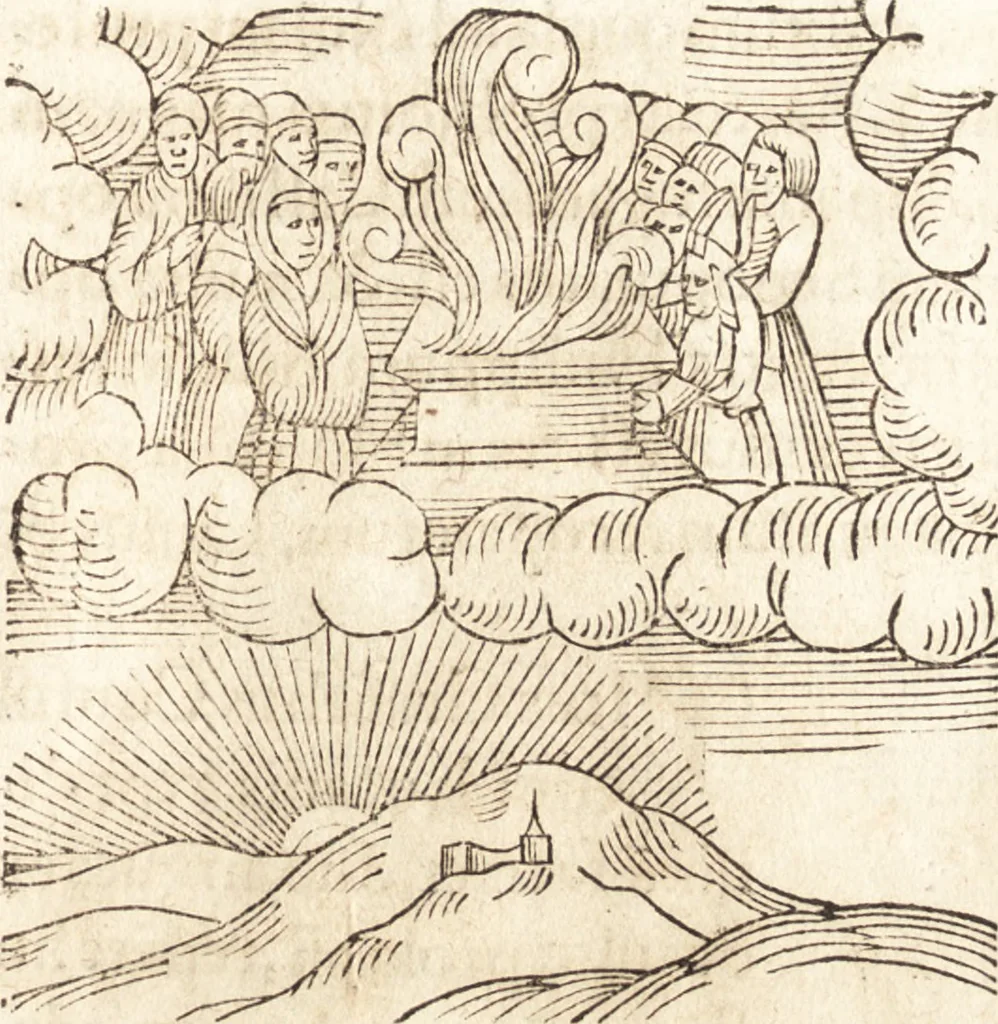 An illustration from Prodigiorvm ac ostentorvm chronicon : quae praeter naturae ordinem, motum, et operationem, et in svperioribus & his inferioribus mundi regionibus, ab exordio mundi usque ad haec nostra tempora, acciderunt ..., 1557, leaf 130