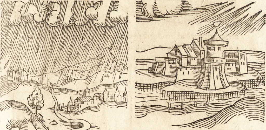 An illustration from Prodigiorvm ac ostentorvm chronicon : quae praeter naturae ordinem, motum, et operationem, et in svperioribus & his inferioribus mundi regionibus, ab exordio mundi usque ad haec nostra tempora, acciderunt ..., 1557, leaf 130