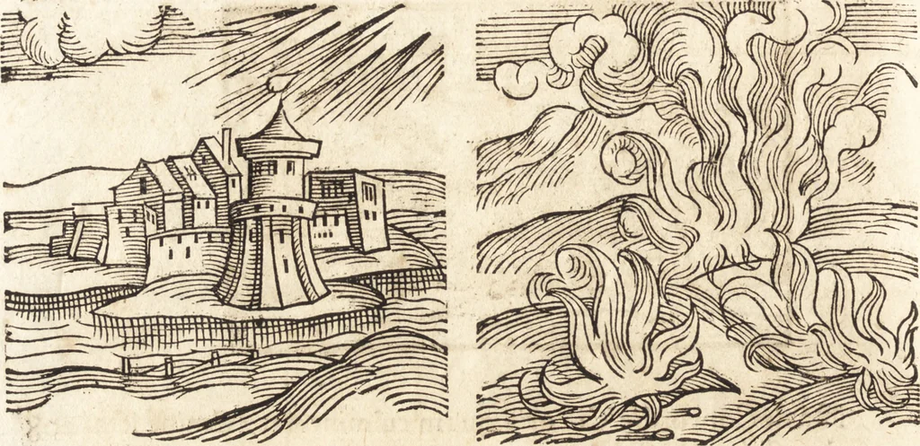 An illustration from Prodigiorvm ac ostentorvm chronicon : quae praeter naturae ordinem, motum, et operationem, et in svperioribus & his inferioribus mundi regionibus, ab exordio mundi usque ad haec nostra tempora, acciderunt ..., 1557, leaf 135