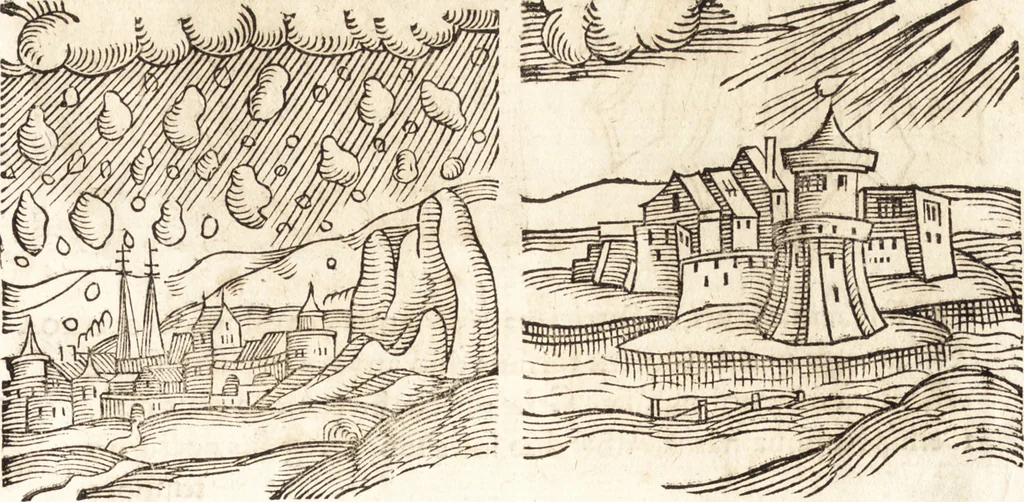 An illustration from Prodigiorvm ac ostentorvm chronicon : quae praeter naturae ordinem, motum, et operationem, et in svperioribus & his inferioribus mundi regionibus, ab exordio mundi usque ad haec nostra tempora, acciderunt ..., 1557, leaf 138