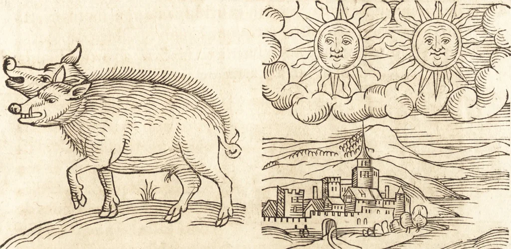 An illustration from Prodigiorvm ac ostentorvm chronicon : quae praeter naturae ordinem, motum, et operationem, et in svperioribus & his inferioribus mundi regionibus, ab exordio mundi usque ad haec nostra tempora, acciderunt ..., 1557, leaf 140