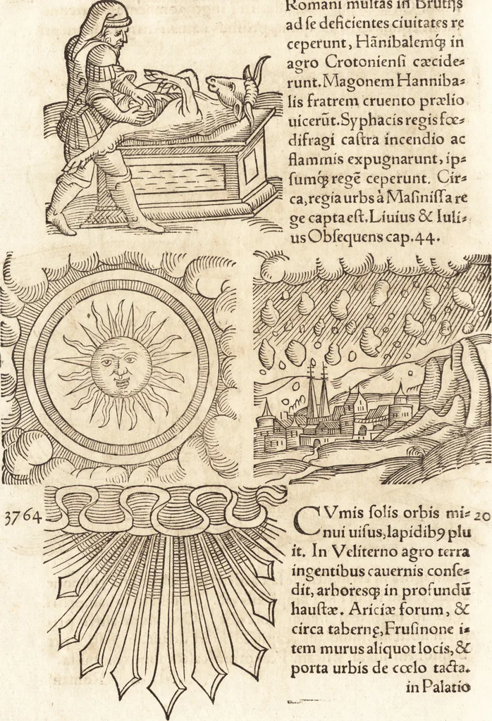 An illustration from Prodigiorvm ac ostentorvm chronicon : quae praeter naturae ordinem, motum, et operationem, et in svperioribus & his inferioribus mundi regionibus, ab exordio mundi usque ad haec nostra tempora, acciderunt ..., 1557, leaf 143
