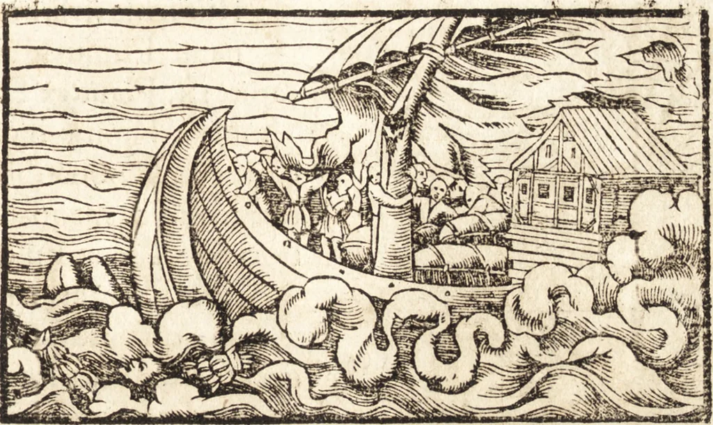 An illustration from Prodigiorvm ac ostentorvm chronicon : quae praeter naturae ordinem, motum, et operationem, et in svperioribus & his inferioribus mundi regionibus, ab exordio mundi usque ad haec nostra tempora, acciderunt ..., 1557, leaf 144