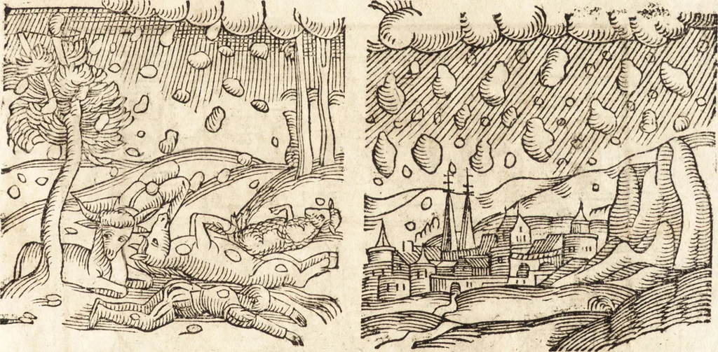 An illustration from Prodigiorvm ac ostentorvm chronicon : quae praeter naturae ordinem, motum, et operationem, et in svperioribus & his inferioribus mundi regionibus, ab exordio mundi usque ad haec nostra tempora, acciderunt ..., 1557, leaf 144