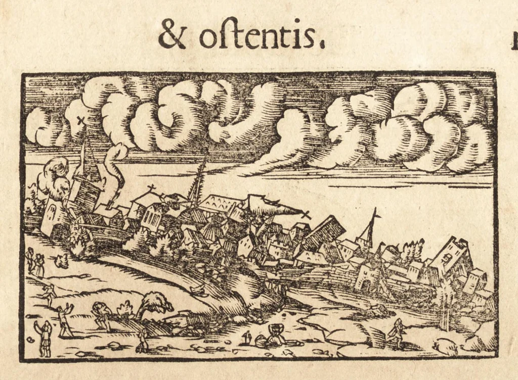 An illustration from Prodigiorvm ac ostentorvm chronicon : quae praeter naturae ordinem, motum, et operationem, et in svperioribus & his inferioribus mundi regionibus, ab exordio mundi usque ad haec nostra tempora, acciderunt ..., 1557, leaf 148