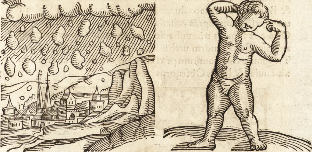 An illustration from Prodigiorvm ac ostentorvm chronicon : quae praeter naturae ordinem, motum, et operationem, et in svperioribus & his inferioribus mundi regionibus, ab exordio mundi usque ad haec nostra tempora, acciderunt ..., 1557, leaf 152