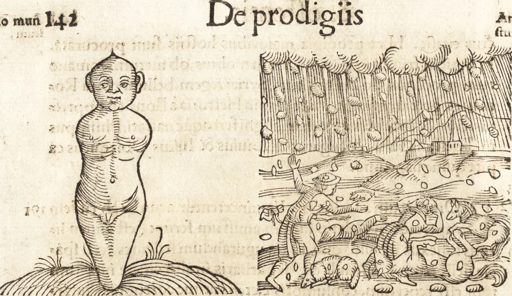 An illustration from Prodigiorvm ac ostentorvm chronicon : quae praeter naturae ordinem, motum, et operationem, et in svperioribus & his inferioribus mundi regionibus, ab exordio mundi usque ad haec nostra tempora, acciderunt ..., 1557, leaf 153