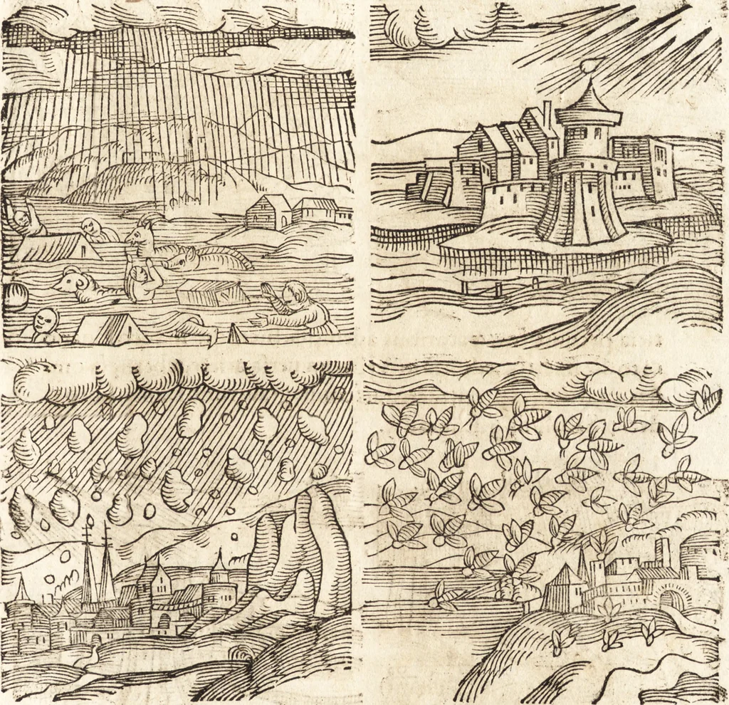 An illustration from Prodigiorvm ac ostentorvm chronicon : quae praeter naturae ordinem, motum, et operationem, et in svperioribus & his inferioribus mundi regionibus, ab exordio mundi usque ad haec nostra tempora, acciderunt ..., 1557, leaf 154