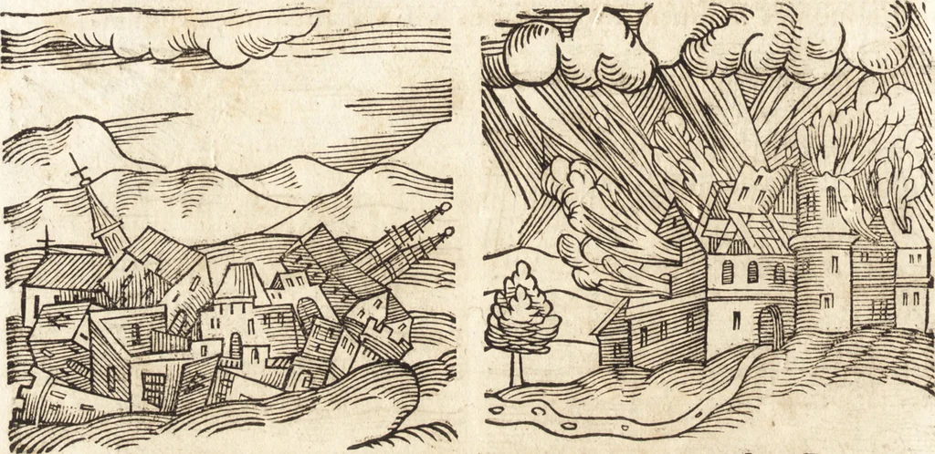 An illustration from Prodigiorvm ac ostentorvm chronicon : quae praeter naturae ordinem, motum, et operationem, et in svperioribus & his inferioribus mundi regionibus, ab exordio mundi usque ad haec nostra tempora, acciderunt ..., 1557, leaf 155