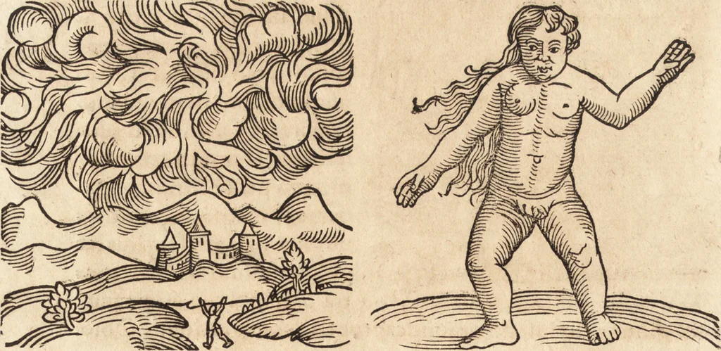 An illustration from Prodigiorvm ac ostentorvm chronicon : quae praeter naturae ordinem, motum, et operationem, et in svperioribus & his inferioribus mundi regionibus, ab exordio mundi usque ad haec nostra tempora, acciderunt ..., 1557, leaf 159