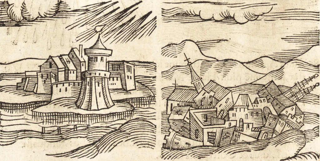 An illustration from Prodigiorvm ac ostentorvm chronicon : quae praeter naturae ordinem, motum, et operationem, et in svperioribus & his inferioribus mundi regionibus, ab exordio mundi usque ad haec nostra tempora, acciderunt ..., 1557, leaf 163