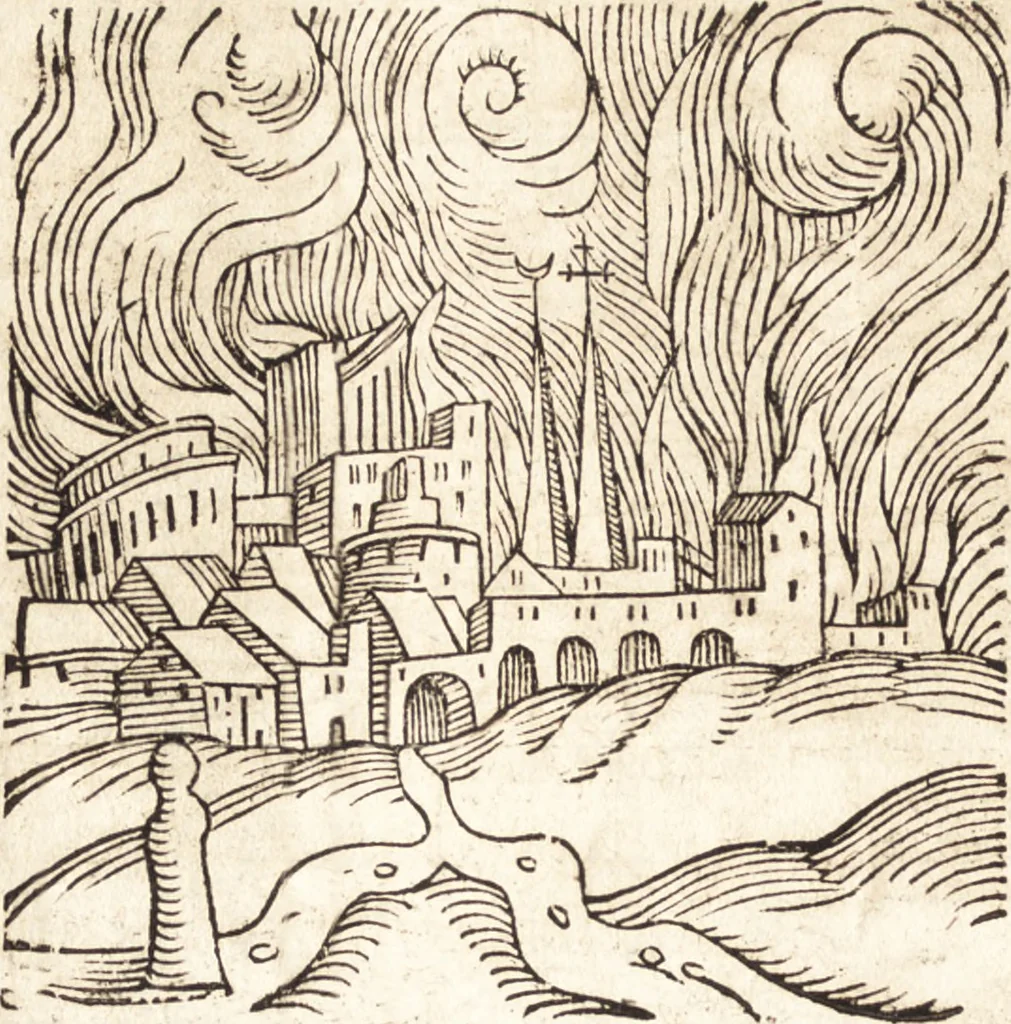 An illustration from Prodigiorvm ac ostentorvm chronicon : quae praeter naturae ordinem, motum, et operationem, et in svperioribus & his inferioribus mundi regionibus, ab exordio mundi usque ad haec nostra tempora, acciderunt ..., 1557, leaf 163