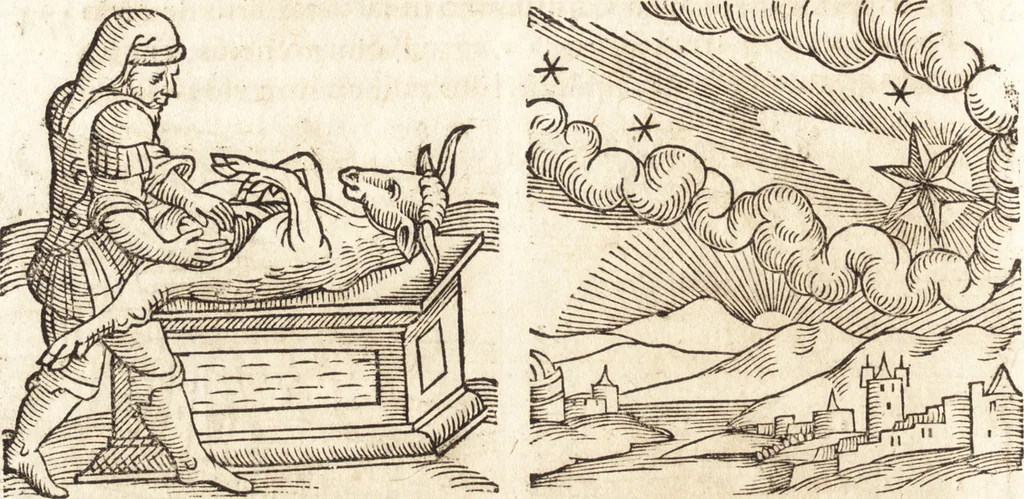 An illustration from Prodigiorvm ac ostentorvm chronicon : quae praeter naturae ordinem, motum, et operationem, et in svperioribus & his inferioribus mundi regionibus, ab exordio mundi usque ad haec nostra tempora, acciderunt ..., 1557, leaf 165