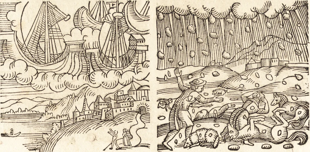An illustration from Prodigiorvm ac ostentorvm chronicon : quae praeter naturae ordinem, motum, et operationem, et in svperioribus & his inferioribus mundi regionibus, ab exordio mundi usque ad haec nostra tempora, acciderunt ..., 1557, leaf 167