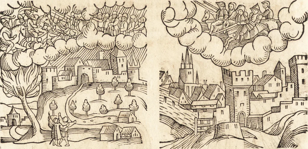 An illustration from Prodigiorvm ac ostentorvm chronicon : quae praeter naturae ordinem, motum, et operationem, et in svperioribus & his inferioribus mundi regionibus, ab exordio mundi usque ad haec nostra tempora, acciderunt ..., 1557, leaf 169