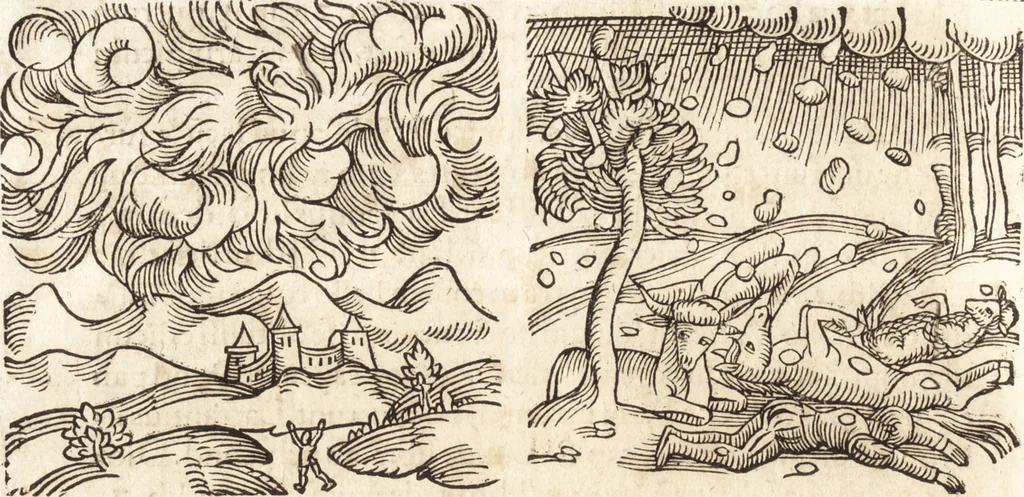 An illustration from Prodigiorvm ac ostentorvm chronicon : quae praeter naturae ordinem, motum, et operationem, et in svperioribus & his inferioribus mundi regionibus, ab exordio mundi usque ad haec nostra tempora, acciderunt ..., 1557, leaf 171