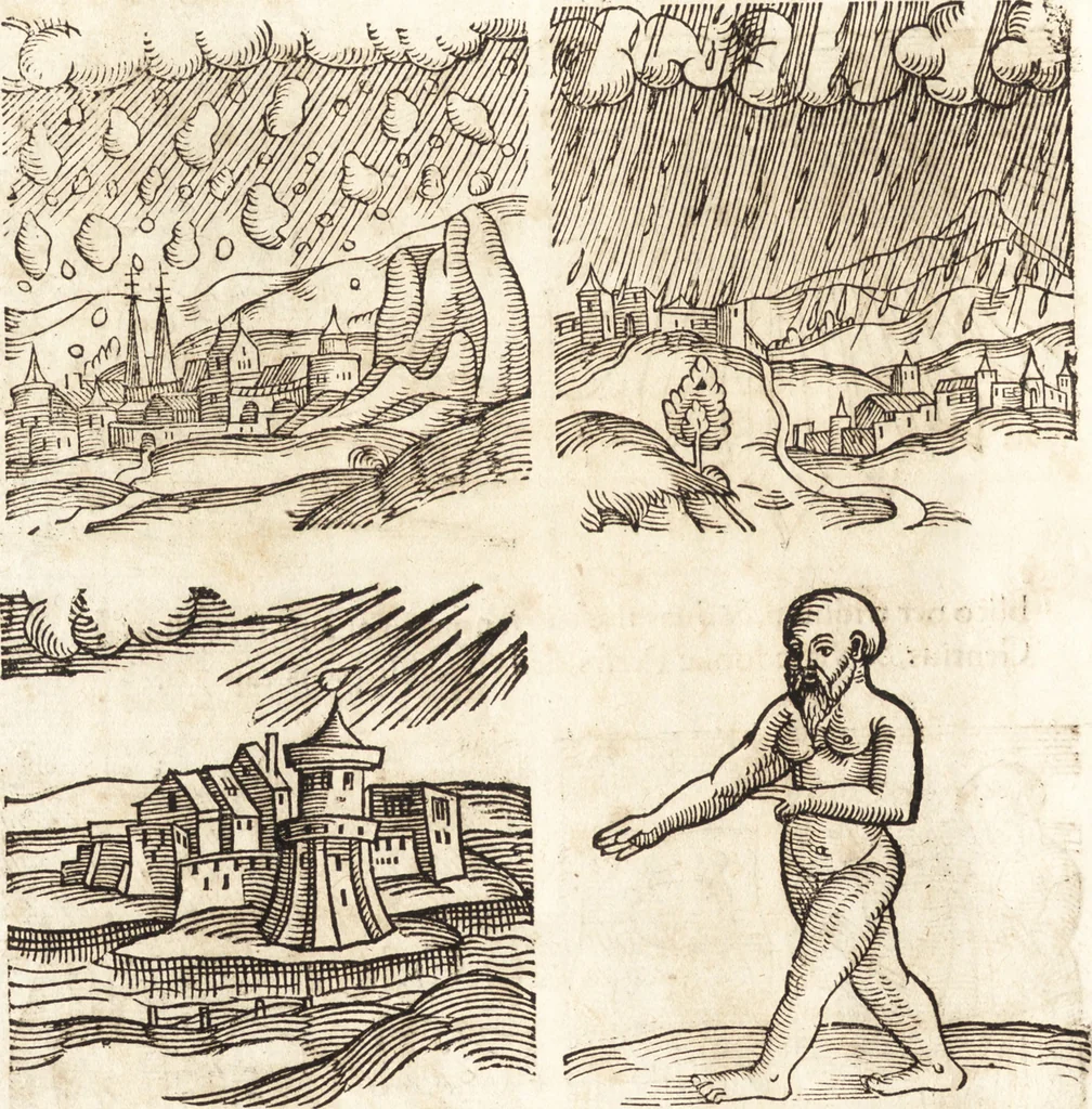 An illustration from Prodigiorvm ac ostentorvm chronicon : quae praeter naturae ordinem, motum, et operationem, et in svperioribus & his inferioribus mundi regionibus, ab exordio mundi usque ad haec nostra tempora, acciderunt ..., 1557, leaf 173