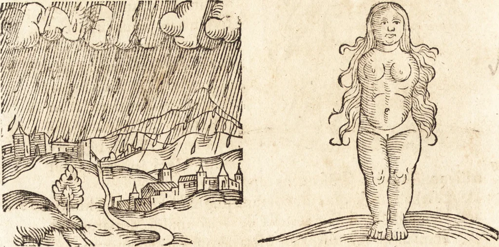 An illustration from Prodigiorvm ac ostentorvm chronicon : quae praeter naturae ordinem, motum, et operationem, et in svperioribus & his inferioribus mundi regionibus, ab exordio mundi usque ad haec nostra tempora, acciderunt ..., 1557, leaf 175