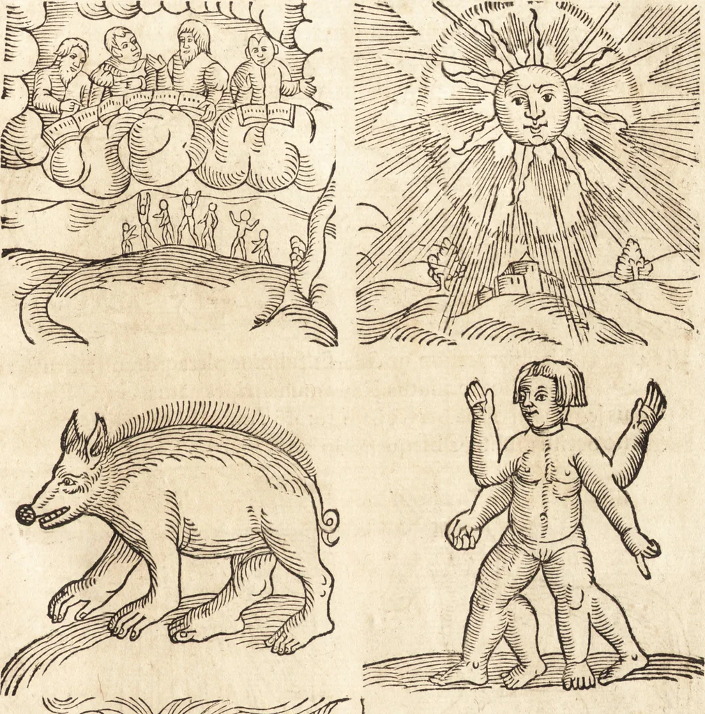 An illustration from Prodigiorvm ac ostentorvm chronicon : quae praeter naturae ordinem, motum, et operationem, et in svperioribus & his inferioribus mundi regionibus, ab exordio mundi usque ad haec nostra tempora, acciderunt ..., 1557, leaf 176